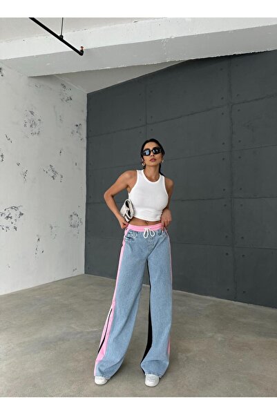 Zeo Basic PŘEDNÍ LEDOVĚ MODRÉ DŽÍNY ZADNÍ 3 PŘÍZENÉ BAGGY KALHOTY S RŮŽOVÝMI STUŽKAMI NA BOCÍCH ELASTICKÝM PASU