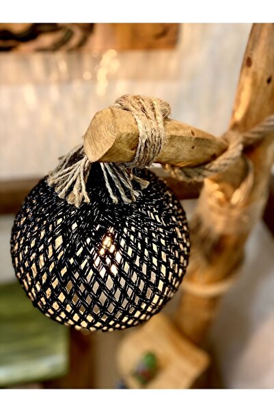 woodhub Ağaç Lambader 170-180 Cm Yeni Marmaris Serisi Siyah Top Doğal Ahşap Lambader Kütük Köşe Aydınlatma