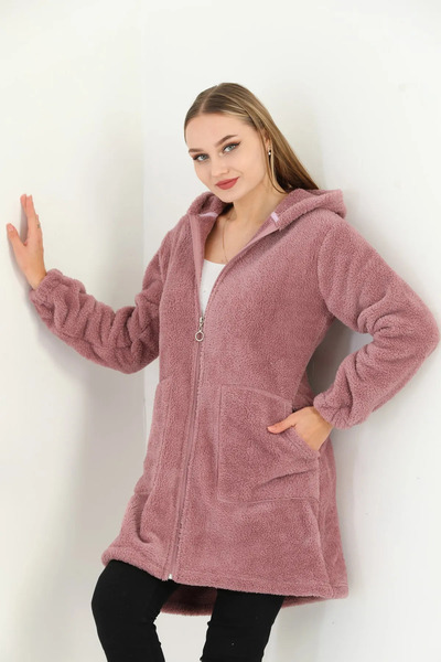 memetti m şekil Women's Zippered Hooded Soft Plush Sweatshirt Cardigan