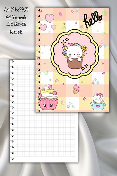 daily notebook Hello Checkered Kawaii A4 School Notebook - 64 Sheets (21x29,7 cm)