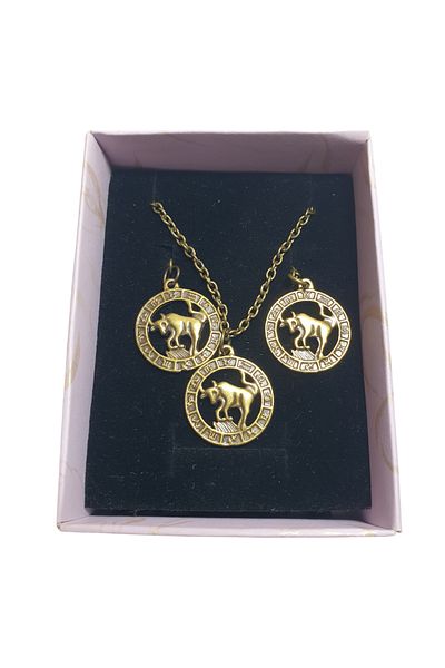 Ororabutik Bronze Color 22mm Taurus Figured Necklace and Earring Set