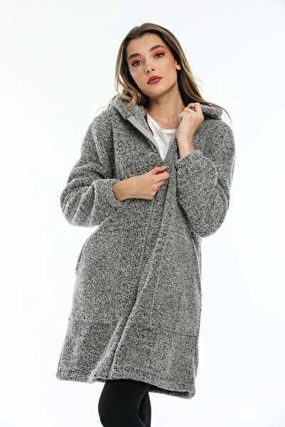 memetti m şekil Women's Zippered Hooded Soft Plush Sweatshirt Cardigan