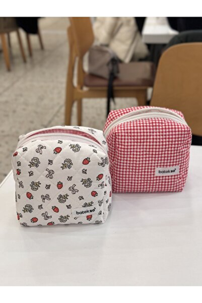 Batekso 2'li Kırmızı Çilek Ve Kırmızı Kare Desenli Makyaj Çantası - Küçük Boy