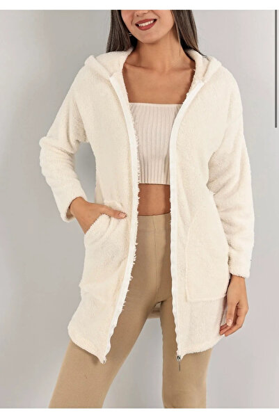 memetti m şekil Women's Zippered Hooded Soft Plush Sweatshirt Cardigan