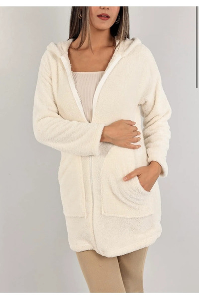 memetti m şekil Women's Zippered Hooded Soft Plush Sweatshirt Cardigan