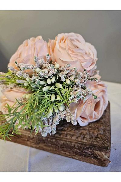 YAPAY ÇİÇEK DERYASI Pudra Bridal Hand Rose Bouquet - Arrangement Wedding Henna Promise Rose Bunch 30cm