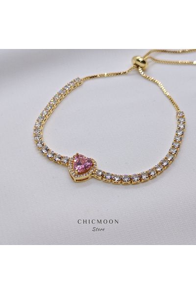 CHICMOON STORE Steel Waterway Pink Stone Heart Bracelet