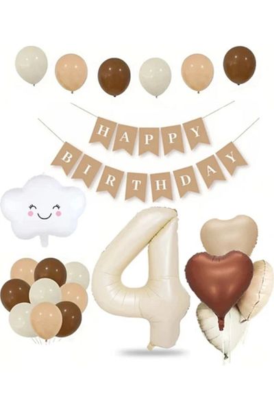 BALON DİYARI Retro Birthday Set for 4 Years Old Cream Numeral Foil Banner Cloud Foil Balloon Balloon Tape Gift