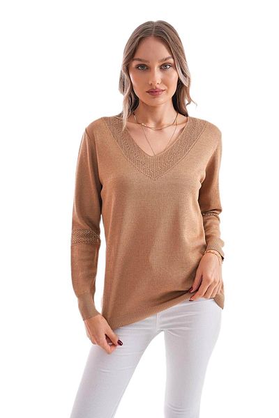 lavella Women's V-Neck Silvery Sleeve Detail Sweater 12787 Bgl-St04108
