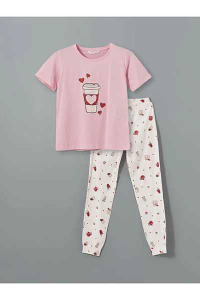 LC Waikiki Σετ γυναικείες πιτζάμες με στάμπα LCW DREAM Pink Crew Neck