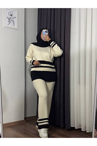 RFK Butik Women's Black Striped Double Knit Set - Cream