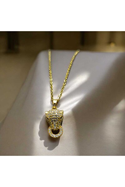feyza collection قلادة من الفولاذ مع شكل النمر وحلقة الزركون