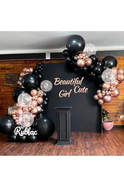 BALON DİYARI 25 Pcs Black Transparent Confetti, Chrome Rose Gold Balloon Quality Balloon Set