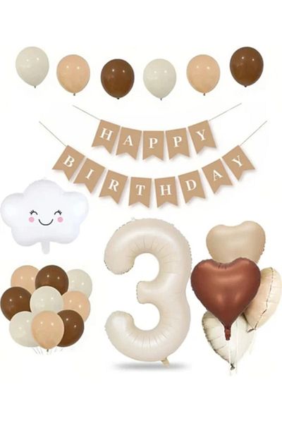 BALON DİYARI Retro Birthday Set for 3 Years Old Cream Number Foil Banner Cloud Foil Balloon Balloon Band Gift
