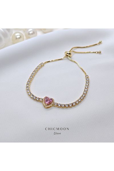 CHICMOON STORE Steel Waterway Pink Stone Heart Bracelet