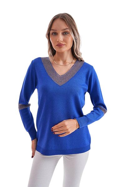 lavella Women's V-Neck Silvery Sleeve Detail Sweater 12787 Bgl-St04108