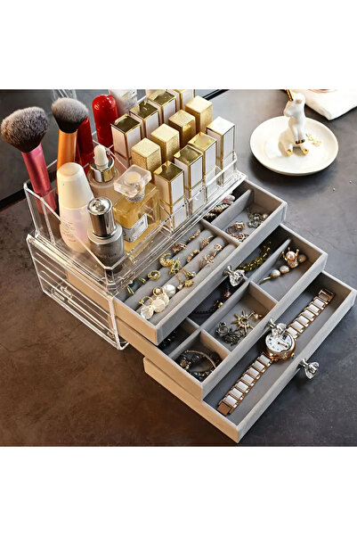 GUNESIHOME Modern 3 Drawer Large Size Jewellery Bijouterie Accessory Jewelry Box Organizer (Grey)