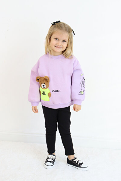 Pijamella Kız Çocuk Ayı Nakışlı 2'li Takım Oversize Sweatshirt Üst-Likralı Tayt