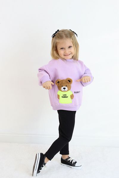 Pijamella Girls' Bear Embroidered 2-Piece Set Oversize Sweatshirt Top-Lycra Leggings