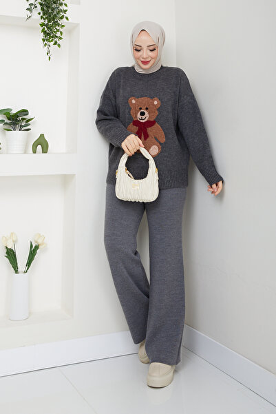 Pamuk Butik Women's Ribbed Trousers Bottom-Top Double Knitwear Set