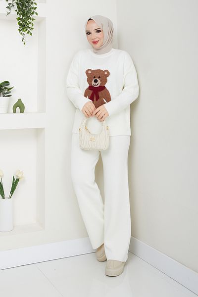 Pamuk Butik Women's Ribbed Trousers Bottom-Top Double Knitwear Set
