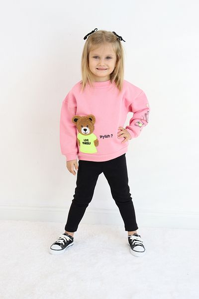 Pijamella Girls' Bear Embroidered 2-Piece Set Oversize Sweatshirt Top-Lycra Leggings