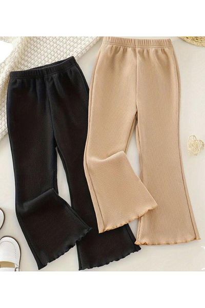 BEBEĞİME ÇORAP 2 Pieces Ribbed Elastic Waist Spanish Leg Pants Leggings