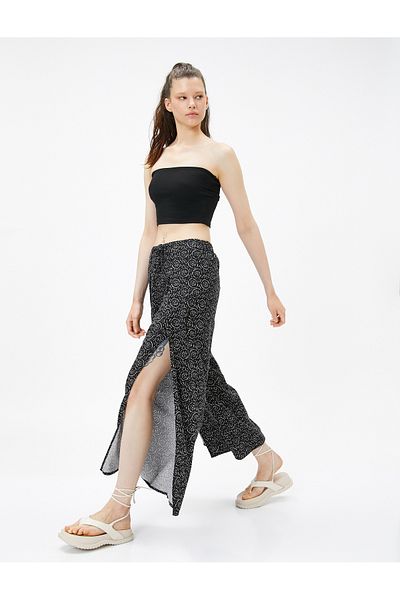 Koton Wide Leg Trousers with Slits and Tie Detail Linen Blend