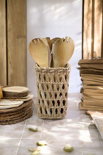 AFRALYAHOME Ψάθινη θήκη για καλαμάκια για γλάστρα - Μπαμπού και ξύλινη θήκη για κουτάλια στον πάγκο