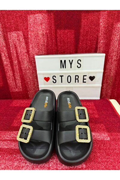 Akınal Bella Taşlı Çift Toka Rahat Ortapedik Terlik Siyah