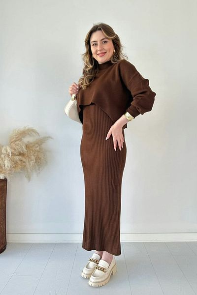 trendalisse Brown Bolero Short Sweater Maxi Length Knitwear Dress Set