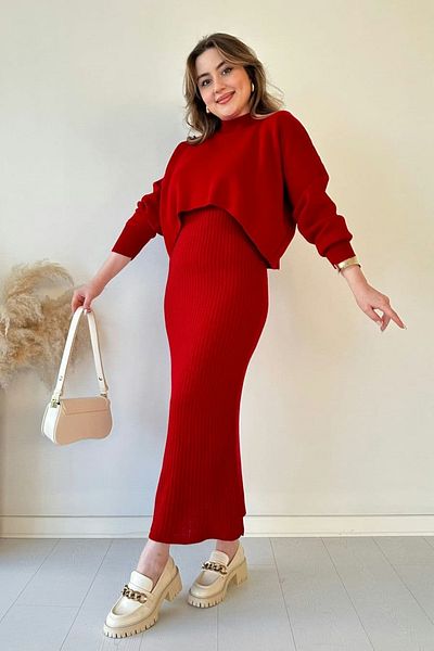 LC Waikiki Red Bolero Short Sweater Maxi Length Knitwear Dress Set