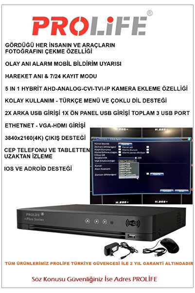 PROLİFE 8 Kameralı Yapay Zeka Özellikli Yüz Tanıma Ve Araç Algılamalı 5 Mp Güvenlik Kamerası Seti