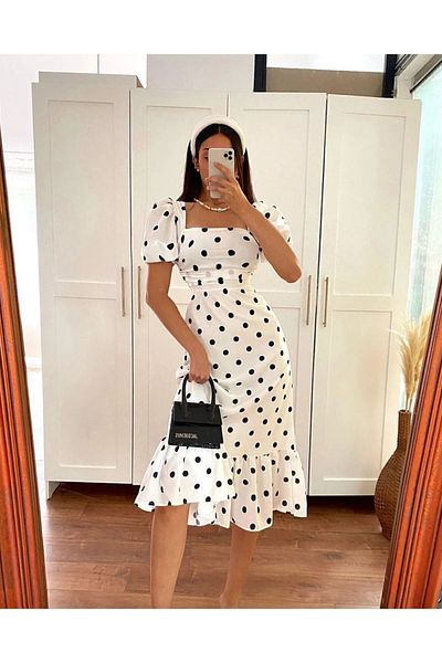 Afiş Butik Φόρεμα πουά με τετράγωνο γιακά
