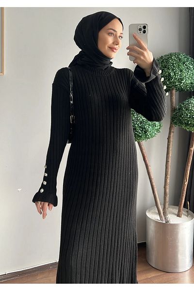 MAXXANA Pearl Detail Ruffled Skirt Ribbed Hijab Knitwear Dress