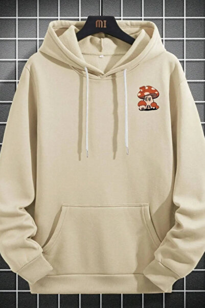 Wish BF Unisex Bej Mushroom Baskı Kapüşonlu Sweatshirt