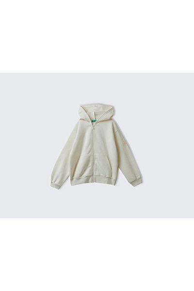 United Colors of Benetton Hanorac cu glugă cu logo-ul cu paiete din amestec de bumbac crem pentru fete