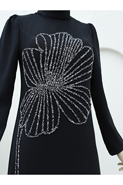 Modamorfo Clover Stone Patterned Stand Collar Crepe Evening Dress - Black