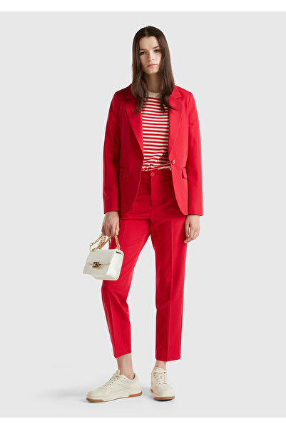 United Colors of Benetton Kadın Kırmızı Poliviskoz Tek Düğmeli Kırlangıç Yaka Blazer Ceket
