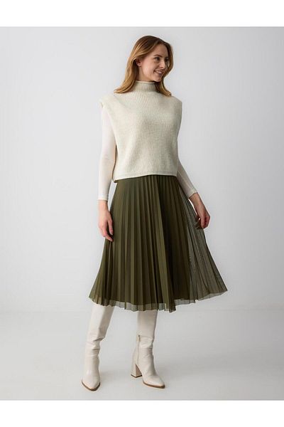 Jimmy Key Khaki High Waist Pleated Relaxed Fit Midi Skirt