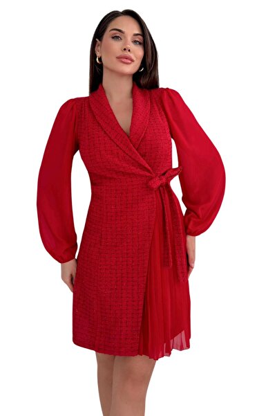 Moda Amore Kruvaze Yaka Belde Düğüm Detaylı Tüvit Kumaş Kollar Şifon Modern Tasarım Kadın Elbise 030