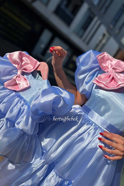 Bertuğ Bebek Anne Kız Bebek Çocuk Organze Kombin Abiye Elbise Mavi Pembe Takım