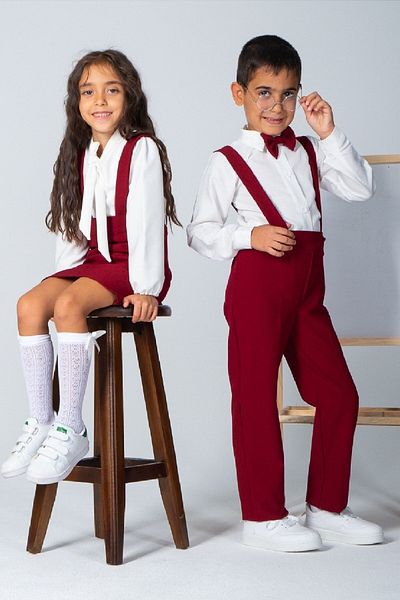 KÜÇÜĞÜM BUTİK Claret Red Boy's Salopet και παπιγιόν
