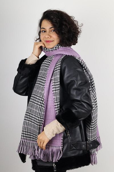 MinaCarin Eșarfă de lână cu model în carouri pe două fețe de iarnă liliac
