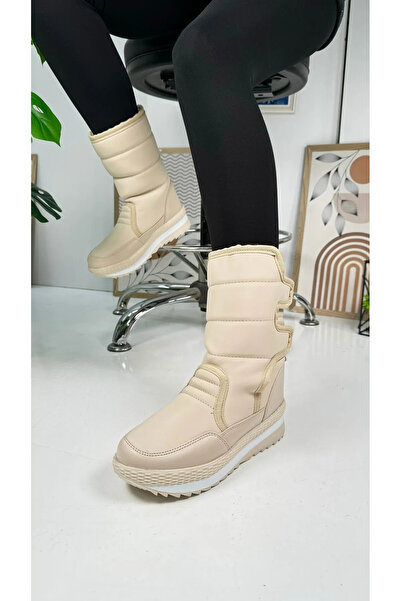 SEVER AYAKKABI Cream Fur Lined Non-Slip Sole Thermal Velcro Women's Snow Boots
