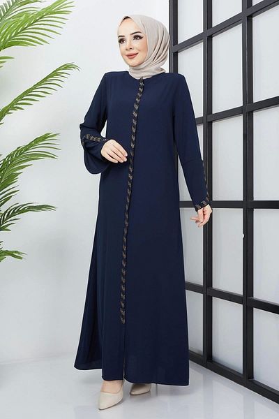 Neva Style Large Size Stone Detailed Navy Blue Ferace Ss2030