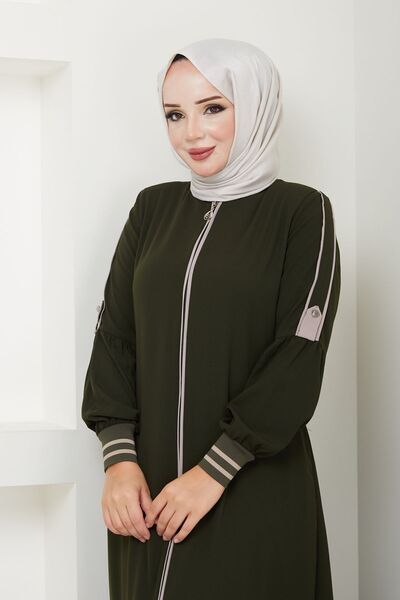 MODA ESRE FASHION Ρούχα Hijab σε πράσινη κρέμα χακί - μανίκι με πατιλέτα και μανσέτα με ραβδώσεις