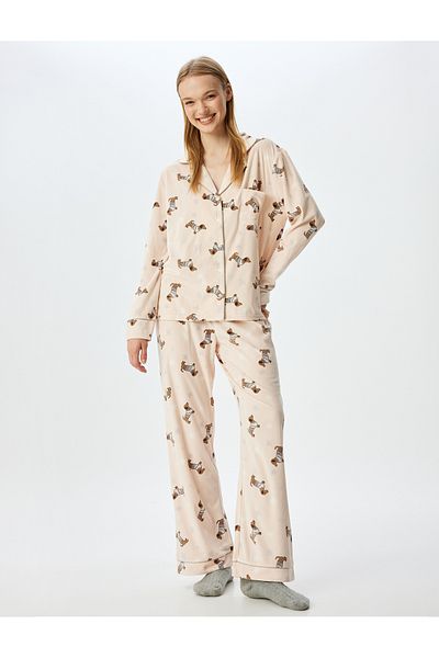 Koton Shirt Collar Button Pocket Dog Pattern Fleece Pajamas Top