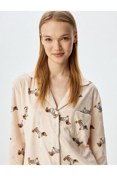 Koton Shirt Collar Button Pocket Dog Pattern Fleece Pajamas Top
