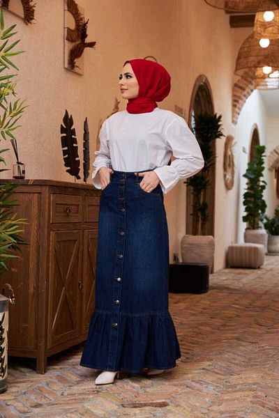 Neways 2248-Fusta cu nasturi cu volane din denim Bleumarin
